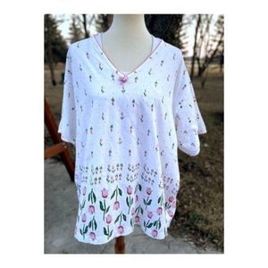 Vintage 90s Nite Angels 100% Cotton T-Shirt Pink Tulips Sleepwear Shirt Sz 3X